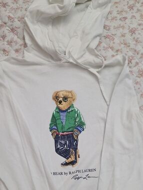 Ralph Lauren White Knit Hoodie with Navy and Gold Logo Tag
